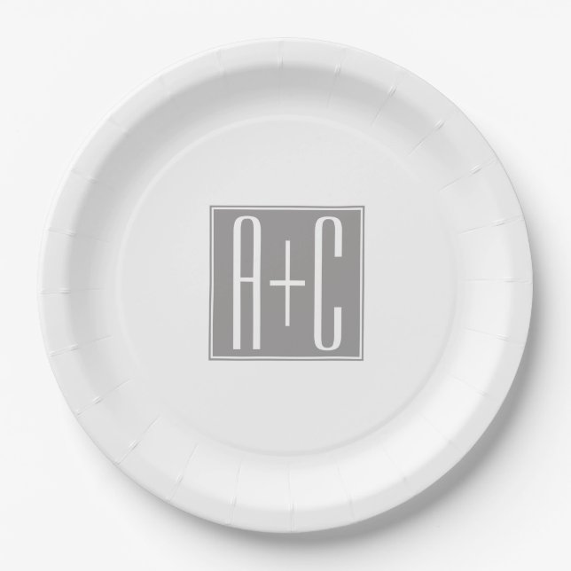 Editable Couples Initials | White & Grey Paper Plate (Front)