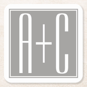 Editable Couples Initials White & Grey Square Paper Coaster