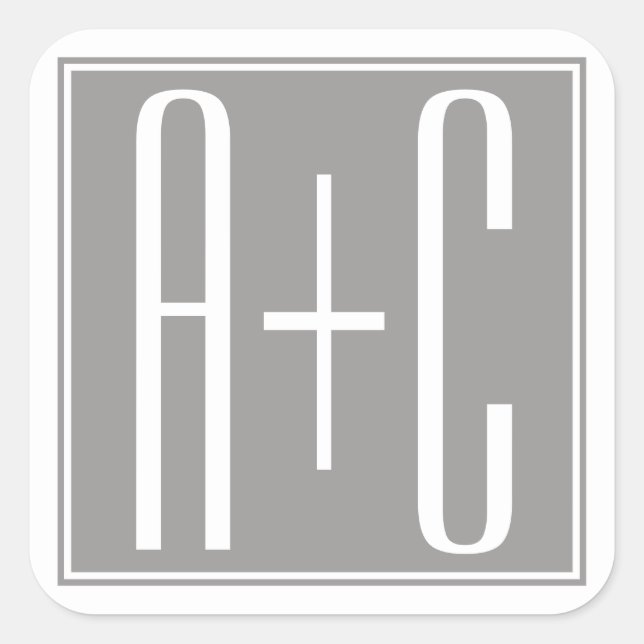 Editable Couples Initials | White & Grey Square Sticker (Front)