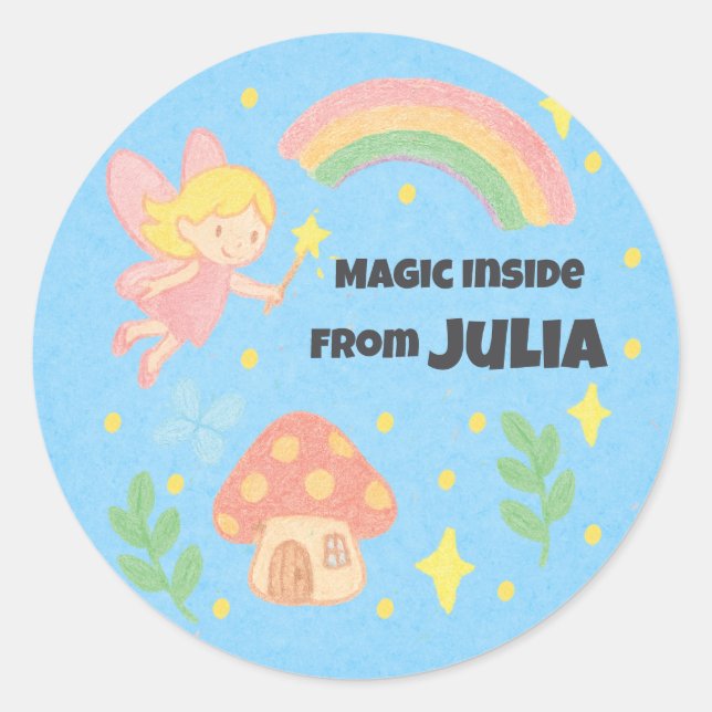 Editable Crayon Style – Fairy Mushroom Forest  Classic Round Sticker (Front)