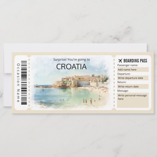 Editable Croatia Plane ticket, Croatia Trip Invitation (Front)