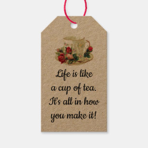 Editable Cup and Saucer With Roses Tea Bag Pouch Gift Tags