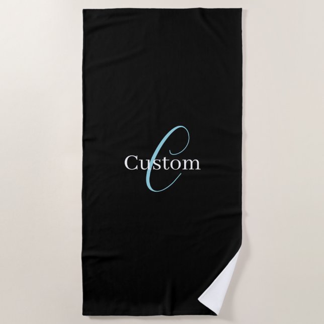 Editable Cursive Script Monogram Black Blue White Beach Towel (Front)
