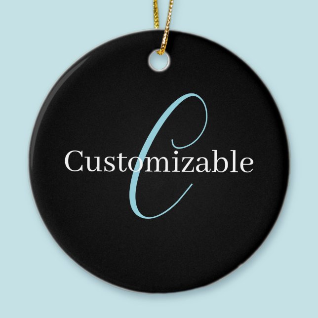 Editable Cursive Script Monogram Black Blue White Ceramic Tree Decoration (Creator Uploaded)