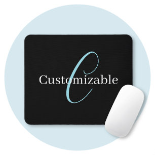 Editable Cursive Script Monogram Black Blue White Mouse Mat
