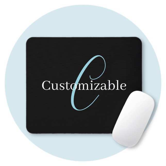 Editable Cursive Script Monogram Black Blue White Mouse Mat (Creator Uploaded)
