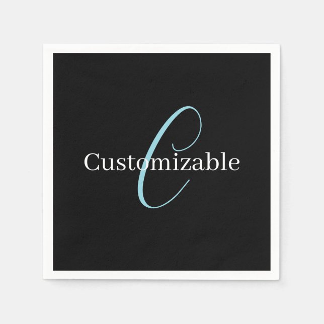 Editable Cursive Script Monogram Black Blue White Napkin (Front)