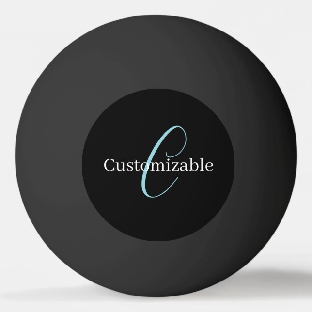 Editable Cursive Script Monogram Black Blue White Ping Pong Ball (Front)
