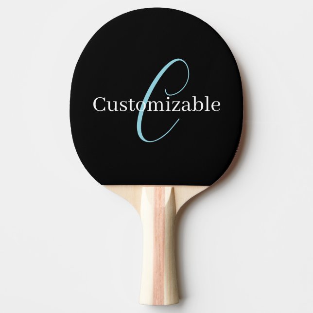 Editable Cursive Script Monogram Black Blue White Ping Pong Paddle (Front)