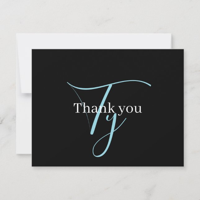 Editable Cursive Script Monogram Black Blue White Thank You Card (Front)