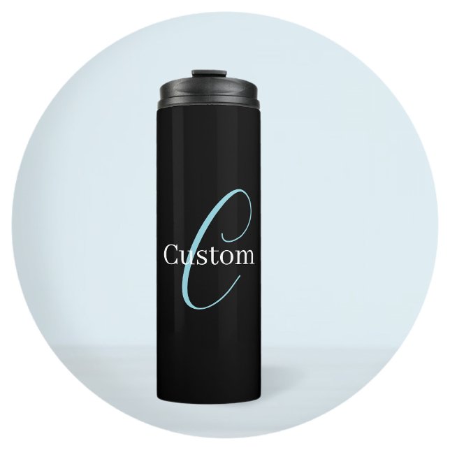 Editable Cursive Script Monogram Black Blue White Thermal Tumbler (Creator Uploaded)