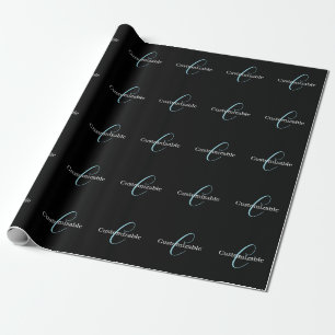 Editable Cursive Script Monogram Black Blue White Wrapping Paper