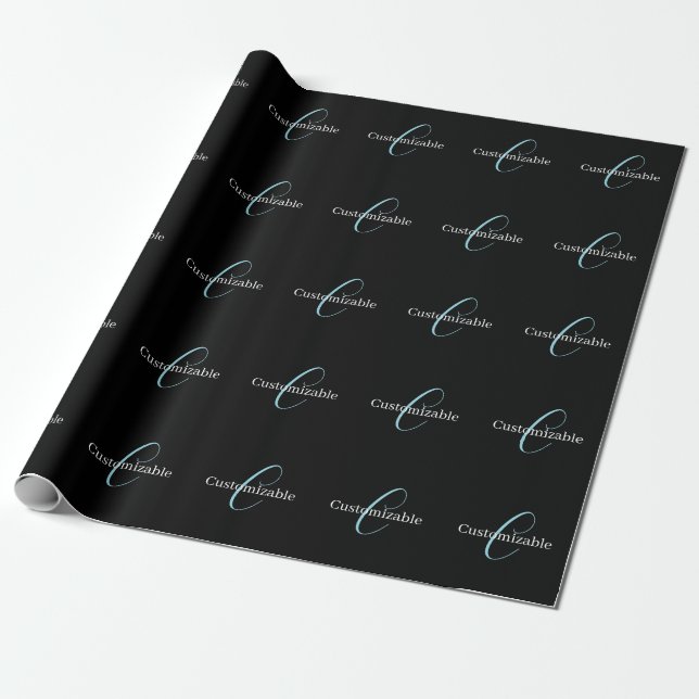 Editable Cursive Script Monogram Black Blue White Wrapping Paper (Unrolled)