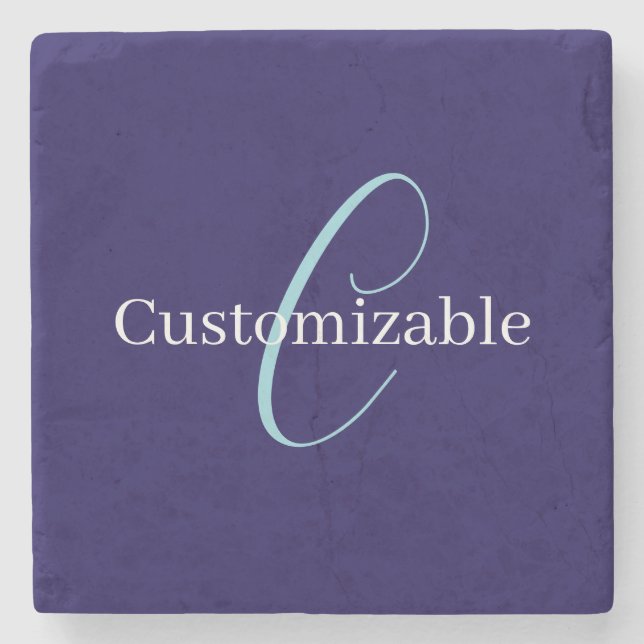 Editable Cursive Script Monogram Purplish Blue Stone Coaster (Front)