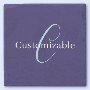 Editable Cursive Script Monogram Purplish Blue Stone Coaster
