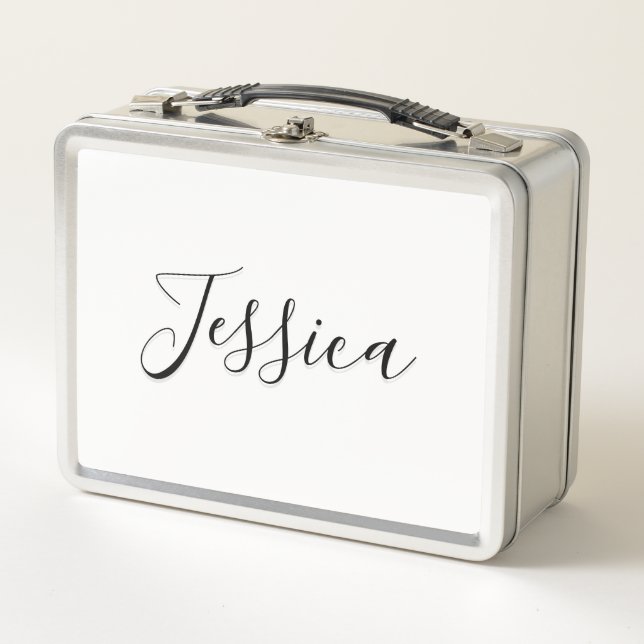 Editable Cursive Script | White & Purple Violet Metal Lunch Box (Front)