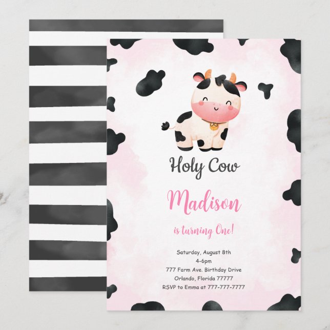 Editable Cute Cow Birthday Invitation (Front/Back)