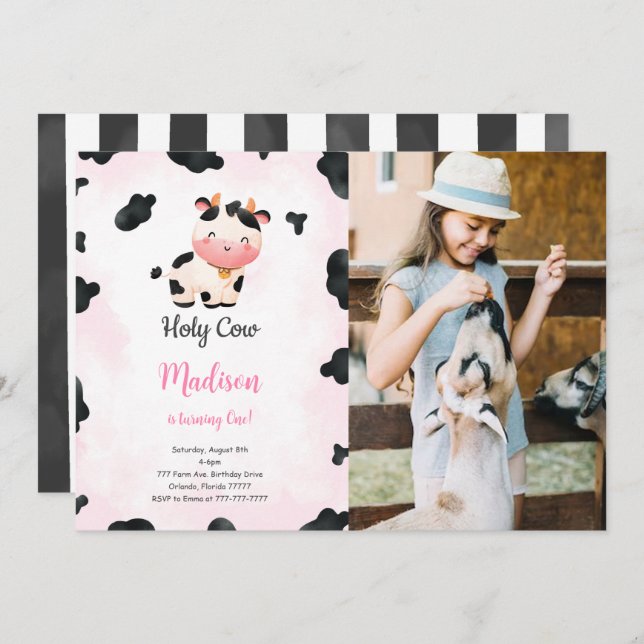 Editable Cute Cow Birthday Photo Invitation (Front/Back)