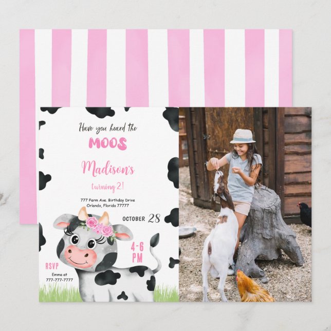 Editable Cute Cow Birthday Photo Invitation (Front/Back)