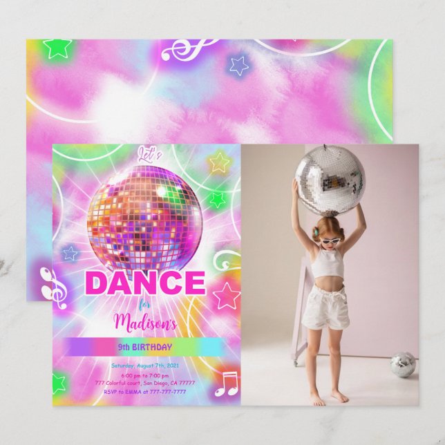 Editable Cute Dance Birthday Photo Invitation (Front/Back)