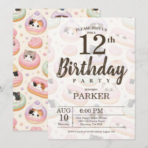 Editable Cute Doughnut Cat 12th Birthday Party Invitation