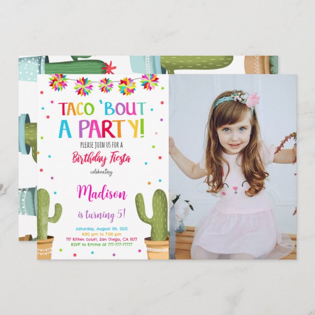 Editable Cute Fiesta Birthday Party Photo Invitation (Front/Back)