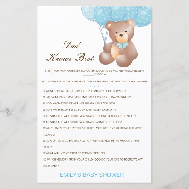 Editable Dad Knows Best Baby Shower Game (Front)