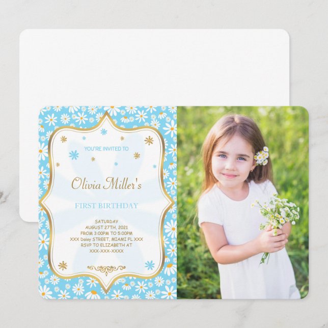 Editable Daisy Birthday Photo Invitation (Front/Back)