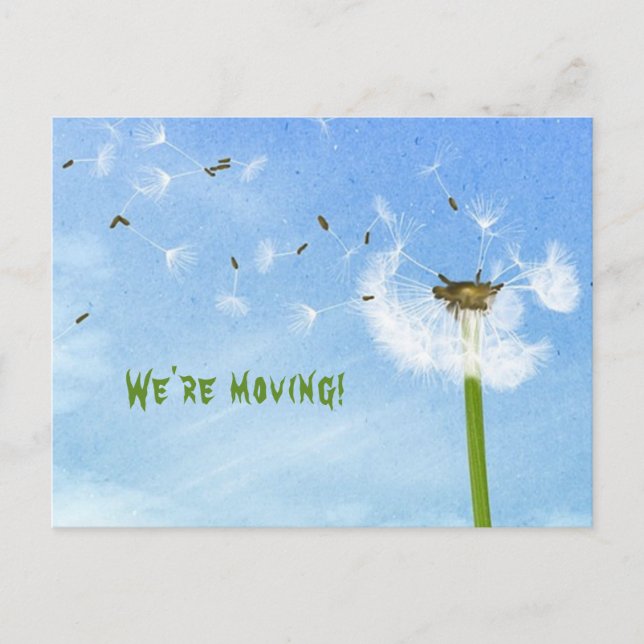 Editable Dandelion Seeds in the Wind Moving Notice Postcard (Front)