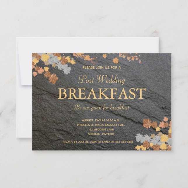 Editable Dark Grey Stone Autumn Leaves Breakfast RSVP Card (Front)