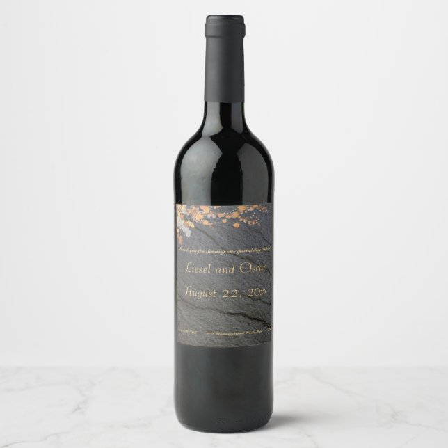 Editable Dark Grey Stone Autumn Leaves Wine Label (Front)