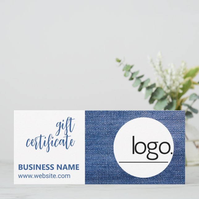 EDITABLE DENIM BLUE LOGO BUSINESS GIFT CERTIFICATE (Standing Front)