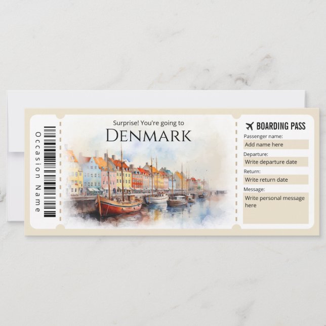 Editable Denmark Boarding Pass Plane ticket Invitation (Front)