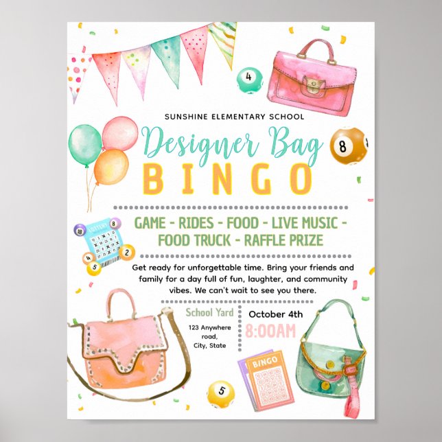 Editable designer bag bingo fundraiser flyer poster (Front)