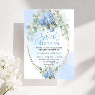 Editable Digital Blue Hydrangeas Sweet Sixteen  Invitation