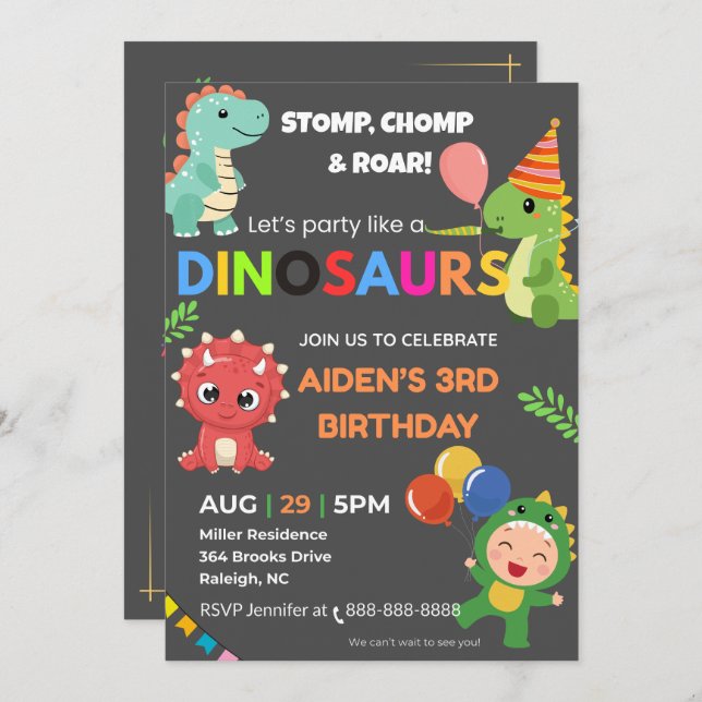 Editable Dino Birthday Invitation – Flat Card (Front/Back)