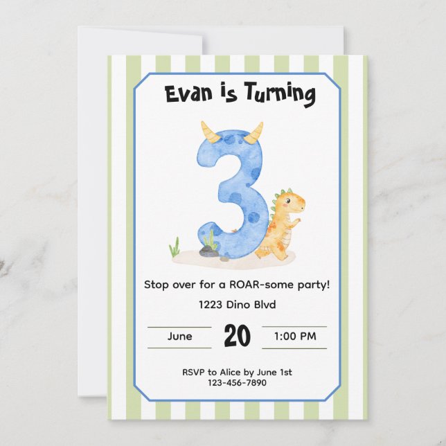 Editable Dinosaur 3rd Birthday Invitation  (Front)