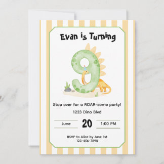 Editable Dinosaur 9th Birthday Invitation 