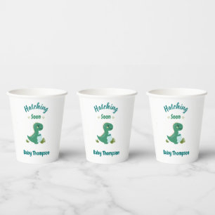 Editable Dinosaur Baby Boy Shower Hatching Soon Paper Cups
