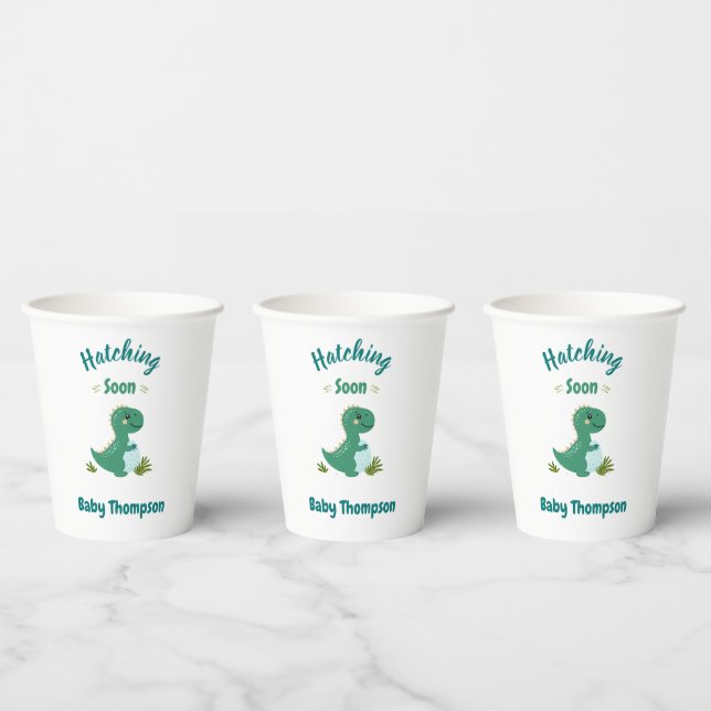 Editable Dinosaur Baby Boy Shower Hatching Soon Paper Cups (Multi)