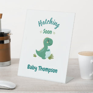 Editable Dinosaur Baby Boy Shower Hatching Soon Pedestal Sign