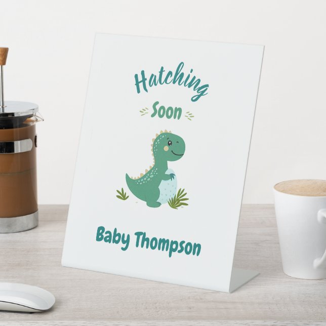 Editable Dinosaur Baby Boy Shower Hatching Soon Pedestal Sign (In SItu)