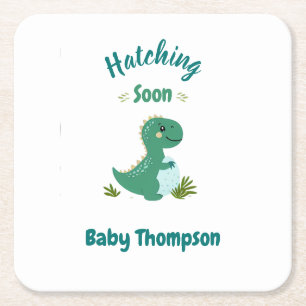 Editable Dinosaur Baby Boy Shower Hatching Soon Square Paper Coaster