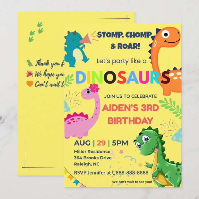 Editable Dinosaur Birthday Invitation  (Front/Back)
