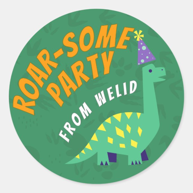 editable Dinosaur Party Sticker (Front)