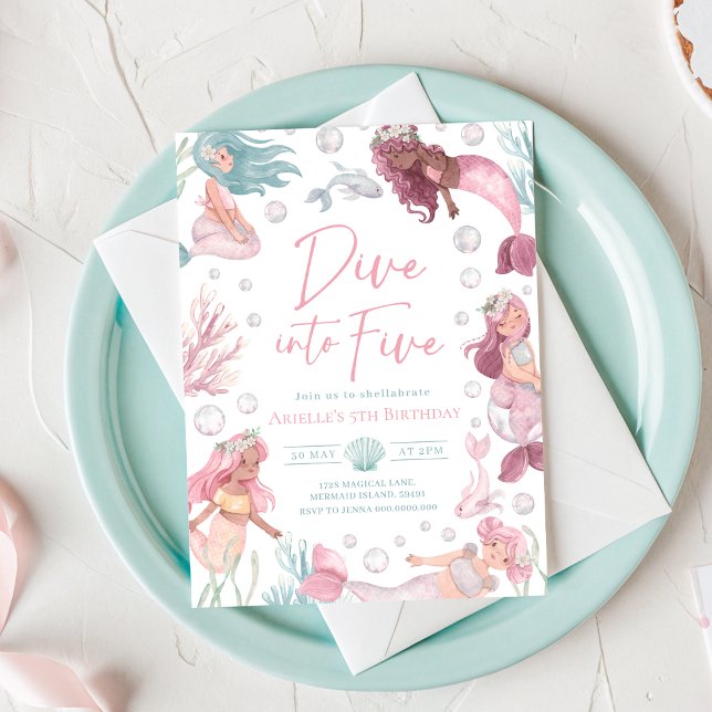 Editable Dive Into 5 Mermaid Birthday Invite Print (Watercolor Mermaid 5th Birthday Invitation)