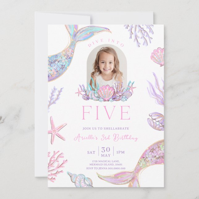 Editable Dive Into Five Mermaid Invitation (Front)