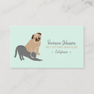 Editable dog cat illustration mint pet sitting business card