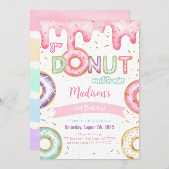 Editable Doughnut Birthday Party Invitation (Front/Back)