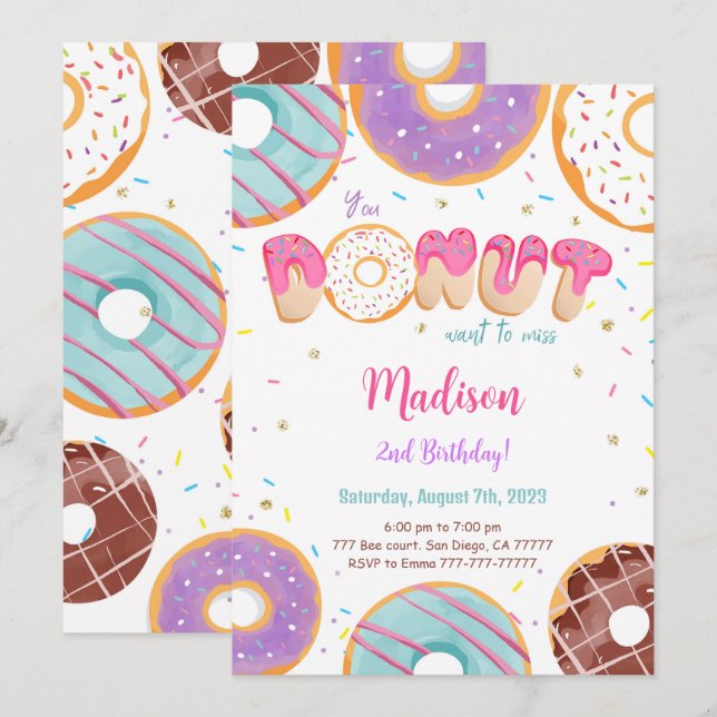 Editable Doughnut Birthday Party Invitation (Front/Back)